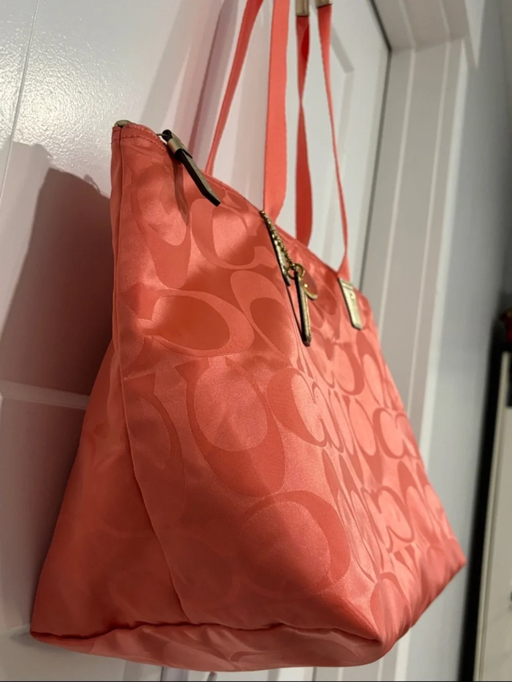 Coach Coral Signature C’s  Jacquard Tote with Gold Hang Tag & Accents - Picture 3 of 11